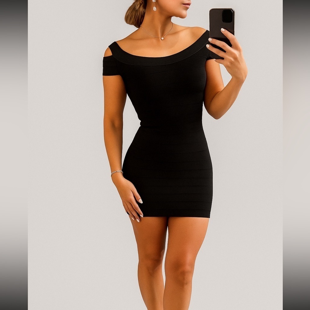 Vintage GUESS Y2K black bandage bodycon dress off the shoulder cutout mini dress